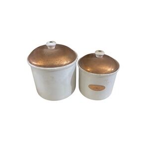 Vintage White Speckled Ceramic Canister Set with Copper Lids Tea Jar Farmhouse